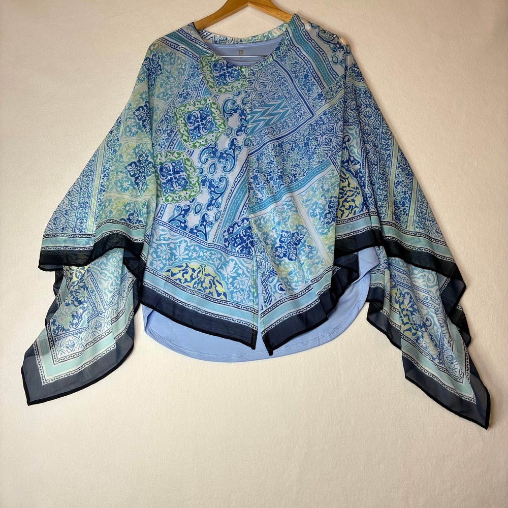 Ideology Top Womens Large Blue Scarf Print Layered Poncho Activewear 6620-0524